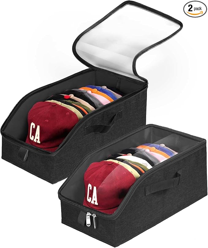 Livelab Hat Organizer for Baseball Caps, Hat Storage Holder Container for Closet Hold Up to 24 Caps with Clear Window, Hat Boxes for Home Storage | 2Pcs Black