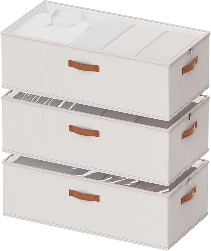 10inch 3 Pack Under Bed Storage Containers, 10 Inch Tall Underbed Clothes Storage Organizer Bin with Clear Window，Foldable Box Basket for Clothes, Closet, Bed Sheets and Blankets White