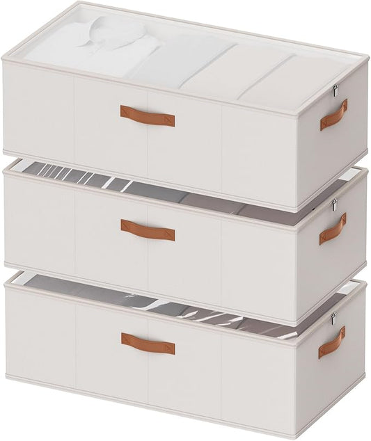 10inch 3 Pack Under Bed Storage Containers, 10 Inch Tall Underbed Clothes Storage Organizer Bin with Clear Window，Foldable Box Basket for Clothes, Closet, Bed Sheets and Blankets White