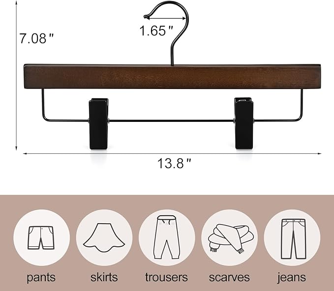 TOPIA HANGER Pants Hangers, Wooden Skirt Trouser Hangers with 2 Adjustable Metal Big Clips, Premium Retro Finish and 360°Swivel Black Hook, Jean Slacks Hangers for Closet, 20 Pack, CT03A20
