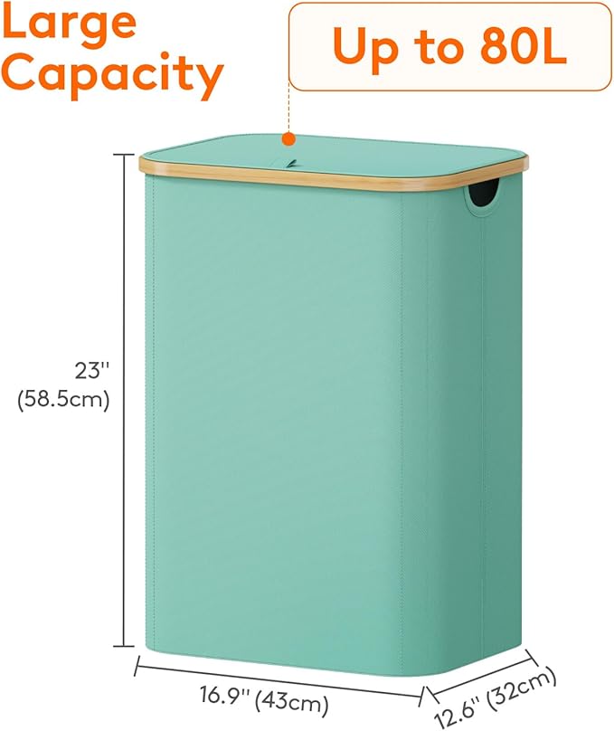 Lifewit 80L Laundry Basket with Lid, Clothes Hampers for Laundry with Bamboo Handles and 1 Removable Bag, Large Foldable Laundry Hamper for Bedroom, Bathroom, Dorm, Laundry Room, Sage Green