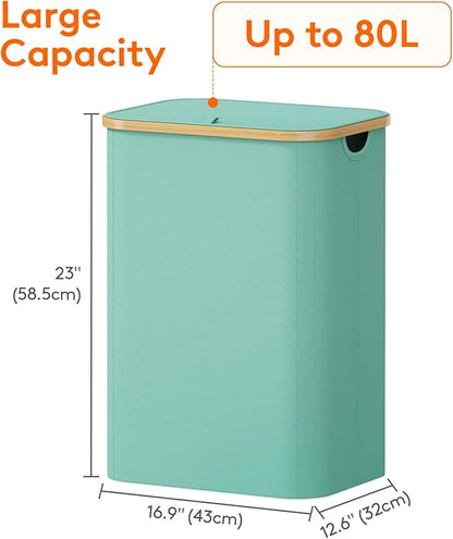 Lifewit 80L Laundry Basket with Lid, Clothes Hampers for Laundry with Bamboo Handles and 1 Removable Bag, Large Foldable Laundry Hamper for Bedroom, Bathroom, Dorm, Laundry Room, Sage Green