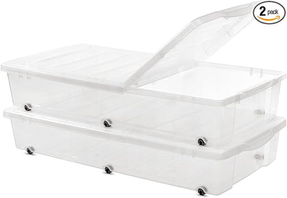 Citylife 2 Packs 57 QT Plastic Under Bed Storage Bins with Double-opening Lids Clear Underbed Storage Containers with Wheels for Organizing Shoes, Blankets, Clothes