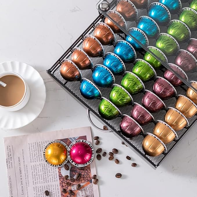 FlagShip for Nespresso Pod Holder Coffee Pod Storage for Vertuo Pod with Crystal Tempered Glass Top(50 Pods Capacity)
