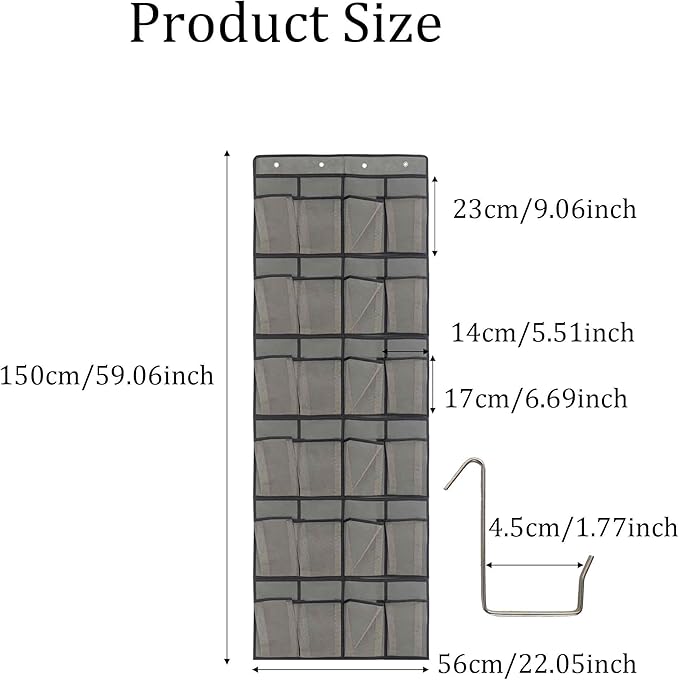 Gray Over Door Shoe Organizer, 24 Large Pockets Hanging Storage for Closet Organization, Space Saving Shoe Rack and Accessory Holder