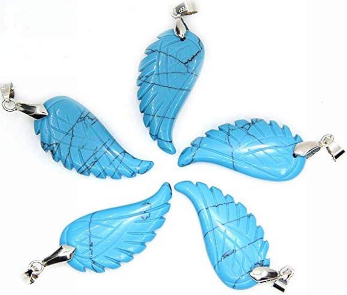 35mm Hand carved mixed gemstom angel wing for necklace pendant bead (man-made blue turquoise)