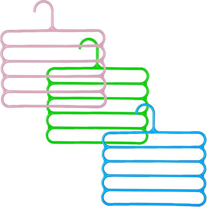 HappyDaily Slip Free 5 Layers Closet Pants Organizer, Multifunctional Space Saving Cloth Hanger for Clothes Trousers Scarfs Ties (3 Pack, Pink/Green/Blue)