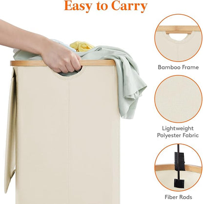 Lifewit 80L Laundry Basket with Lid, Clothes Hampers for Laundry with Bamboo Handles and 1 Removable Bag, Large Foldable Laundry Hamper for Bedroom, Bathroom, Dorm, Laundry Room, White