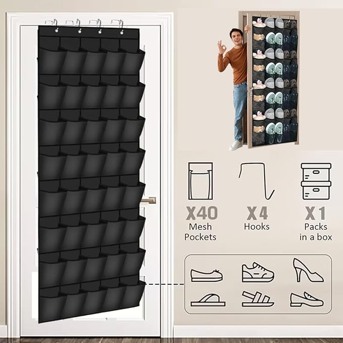 Over the Door Shoe Organizer, 40 Large Mesh Pockets Hanging Shoe Rack Organizer for Closet Behind the Door Storage Holder for Bedroom, Entryway,Dorm, Apartment and Small Spaces