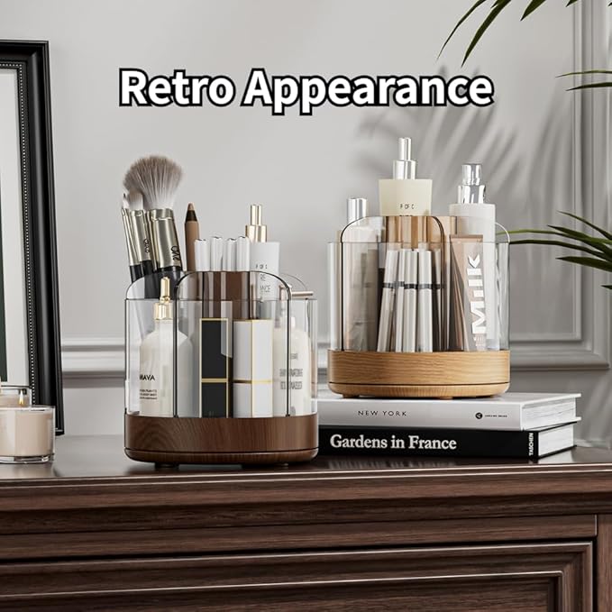 Makeup Brush Holder 360° Rotating 6 Slot Multi-Compartment Storage, Acrylic Spinning Organizer for Cosmetics Nail Polish Combs, Bathroom Vanity Desktop Organizer (Dark Woodgrain)