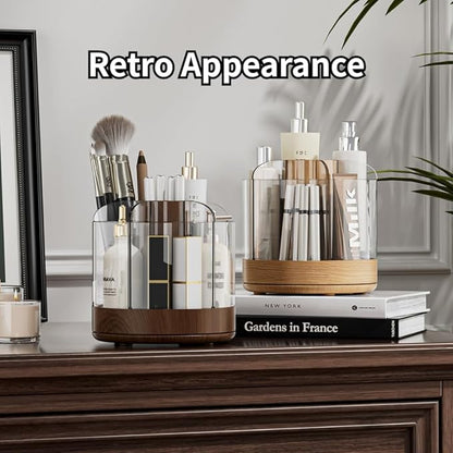 Makeup Brush Holder 360° Rotating 6 Slot Multi-Compartment Storage, Acrylic Spinning Organizer for Cosmetics Nail Polish Combs, Bathroom Vanity Desktop Organizer (Dark Woodgrain)
