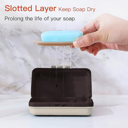 Quatish Leakproof Bar Soap Holder Dish with Lid for Shower, Portable Travel Soap Case Box for Gym, Camping, Hiking, Outdoor Use, Travel Size Toiletries Essentials, Keeps Soap Dry, Brown