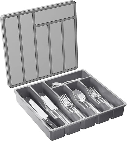 Organizer with Lid, 6 Compartments Covered Utensil Tray for Kitchen Drawer and Countertop, Plastic Cutlery and Flatware Storage Box for Spoons Forks Knives Holder Case, Grey