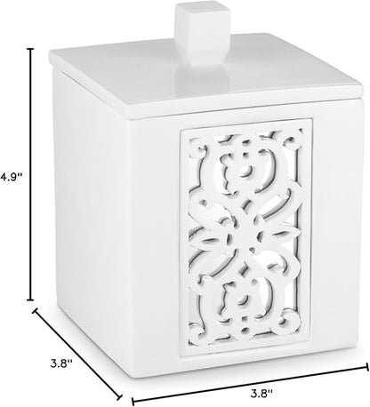 Creative Scents Mirror Janette White Qtip Holder With Lid - Decorative Cotton Ball Jar - Durable Cotton Swab Container - Beautiful Bathroom Vanity Accessories - Elegant Bath Storage