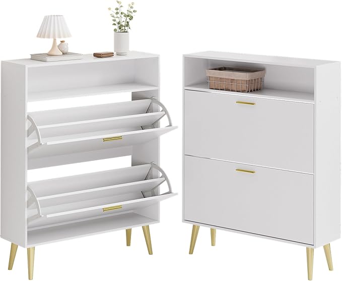 LYNSOM Shoe Cabinet Set of 2, Free Standing Tipping Bucket Shoe Rack Organizer with 2 Flip Drawers, Modern Entryway Shoe Storage with Top Display, Narrow Slim Hidden Shoe Cabinet (White)