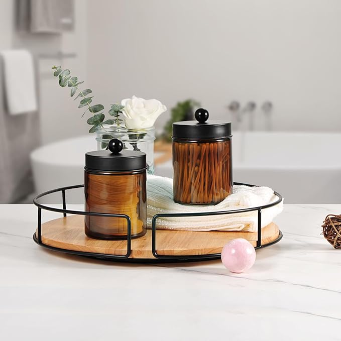 Amolliar Amber Glass Qtip Holder, Apothecary Jars with Matte Black Metal Lid & Stickers-Bathroom Qtip Dispenser Storage Organizer Set,Vanity Counter Canister for Cotton Swabs,Round Pads,Floss (4 Pack)