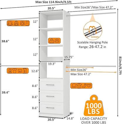 Closet System, 5FT-8FT Closet Organizer System with 3 Wooden Drawers, 99" Walk In Closet Organizer and Storage with 4 Expandable Hanging Rods, Wall Mount, White