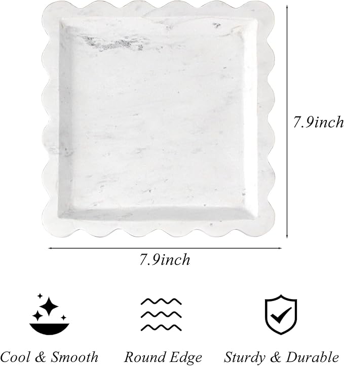 Square Marble Vanity Tray with Scalloped Edge - Natural Marble Perfume Tray Decor for Dresser, Vanity, Kitchen, Home Decor, Decorative Square Stone Tray - White 8 * 8 inch