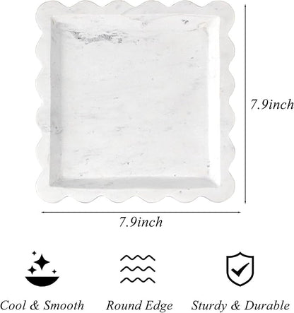 Square Marble Vanity Tray with Scalloped Edge - Natural Marble Perfume Tray Decor for Dresser, Vanity, Kitchen, Home Decor, Decorative Square Stone Tray - White 8 * 8 inch