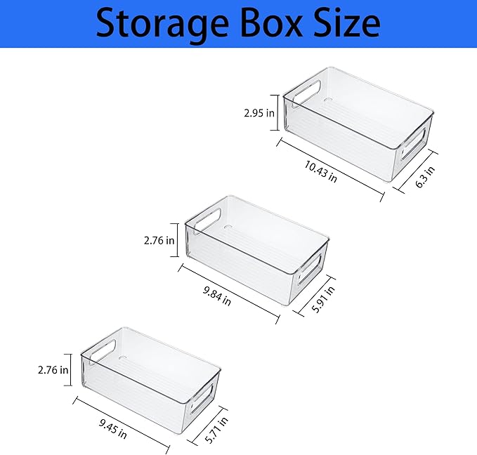 Refrigerator Organizer Bins 3 Pack Stackable Fridge Organizers with Handles Clear Freezer Storage Containers for Pantry, Cabinets,Shelves, Drawer – BPA-Free Plastic Kitchen Organizers