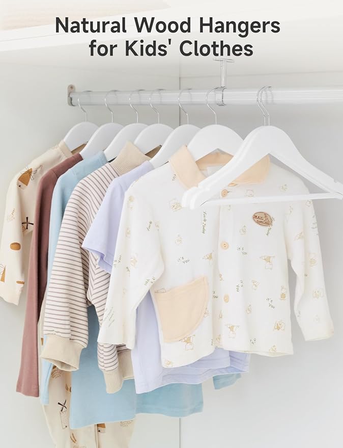 StorageWorks Baby Hangers 20 Pack, Maple Wood Clothes Organizer for Toddler, Kids Wooden Hanger with Pant Bar for Closet, White