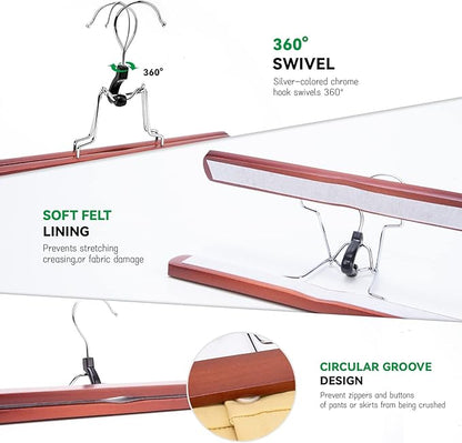 Nature Smile Wooden Non-Slip Pants Skirt Hangers - Smooth Finish Solid Wood Jeans Slack Clamp for Hair Extensions (20 Pack Cherry)