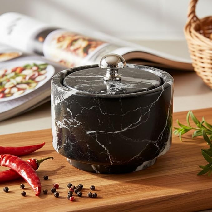 Radicaln Marble Salt Cellar with Lid 3" Black Handmade Salt Box & Spice Jar for Kitchen Counter, Ideal Salt Holder, Sugar Bowl & Salt Dish, Salt Container For Housewarming Gift & Kitchen Decor