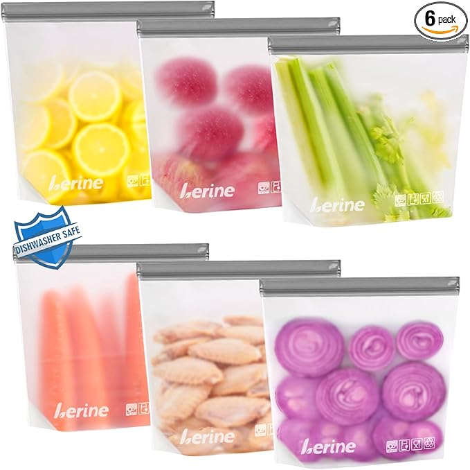 Lerine 6 Pack Reusable Gallon Freezer Bags Stand-Up Dishwasher Safe, BPA-Free Reusable Gallon Bags, Leakproof Food Storage Bags for Meat Vegetables Bread Travel (Gray, 6Gallon)