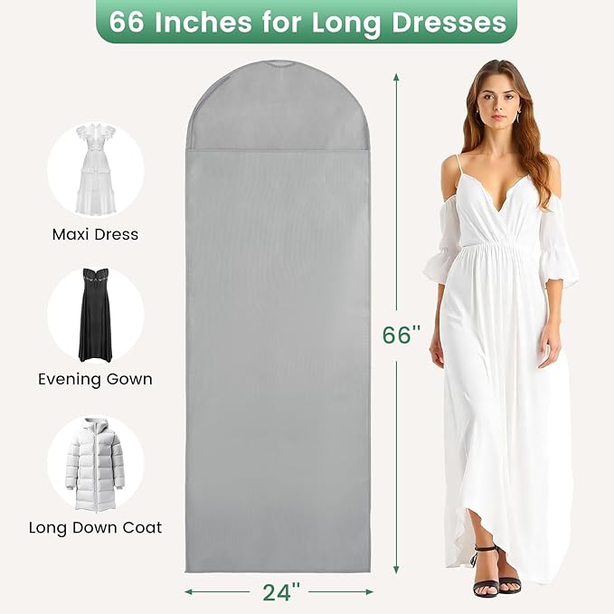 Carbrea 66 Inch Garment Bags for Hanging Clothes - Long Dress Bags for Gowms Closet Wardrobe Storage Travel - 1 Pack