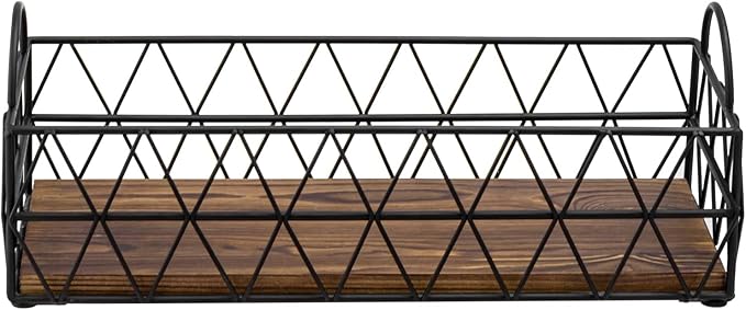 MyGift 16 Inch Deluxe Black Metal Toilet Tank Tray with Geometric Wire Design and Burnt Wood Base, Bathroom Vanity Toiletry Storage Organizer Tray with Handles