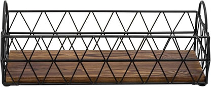 MyGift 16 Inch Deluxe Black Metal Toilet Tank Tray with Geometric Wire Design and Burnt Wood Base, Bathroom Vanity Toiletry Storage Organizer Tray with Handles