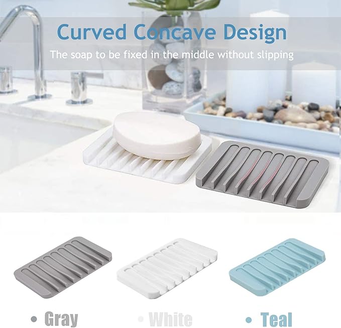 Self Draining Soap Dishes, 3 Pcs Silicone Soap Saver, Waterfall Drainer Soap Holder for Bathroom, Extend Soap Life, Keep Soap Bars Dry Clean & Easy Cleaning (White)