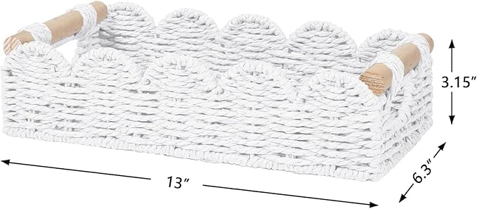 CubesLand Bathroom Basket Organizer w/Cut Out Handle, Back of Toilet Paper Storage Baskets for Bathroom Countertop Decorative, Small Scalloped Wicker Basket Also for Home Decor, Living Room, White