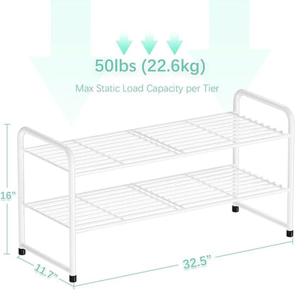 SUFAUY 2-Tier 33" Wide Shoe Rack, Closet Metal Wire, Stackable, White