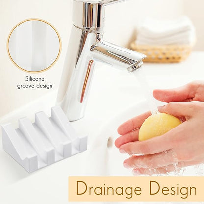 Cunhill 2 Pieces Silicone Soap Dish Self Draining Soap Dish Shower Waterfall Bar Soap Holder Tray with Drain Soap Saver for Kitchen Bathroom Accessories (Bright White)