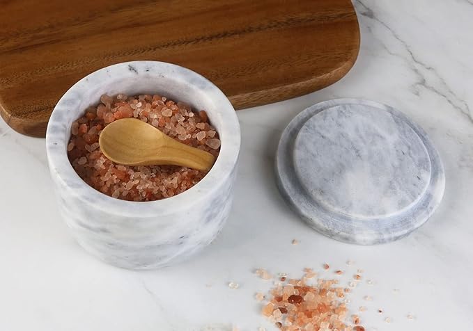 HillSpring Marble Salt Cellar with Lid and Wooden Spoon, 4" Handcrafted Spice Pepper Herbs Box