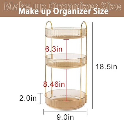 shuang qing Rotating Makeup Organizer for Vanity, High-Capacity Skincare Clear Make Up Storage Perfume Organizers Cosmetic Dresser Organizer Countertop 360 Spinning (Gold, 3 Tier)