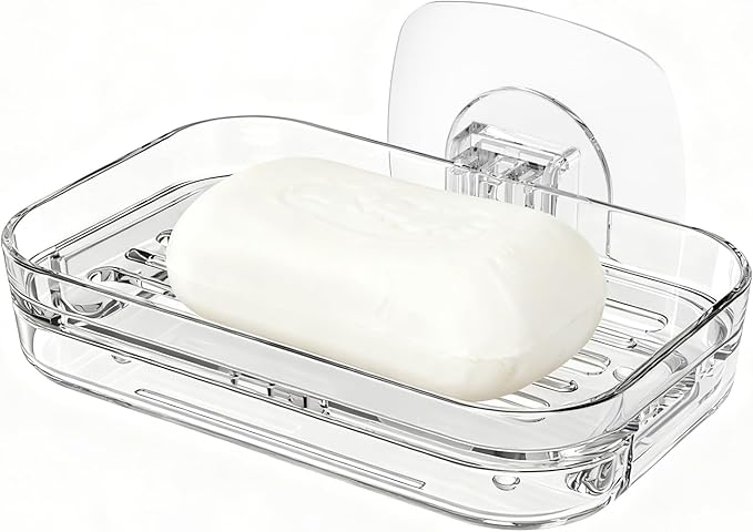 Soap Dish for Shower Wall Mounted, Soap Bar Holder Self Draining, Strong Adhesive Mount Soap Saver Sponge Holder for Bathroom Bathtub Kitchen Sink, Clear