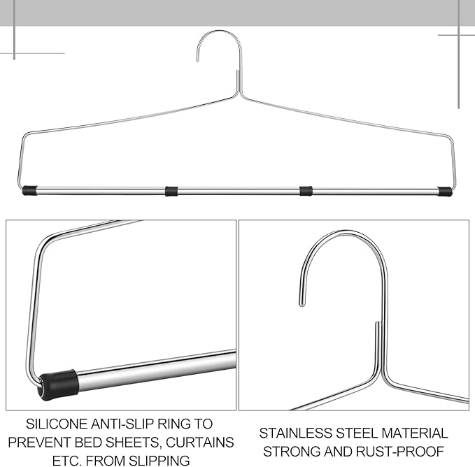 Cinnvoice 12 Pcs Bedspread Drapery Hangers 22 Inch Metal Linen Hanger Heavy Duty Blanket Tablecloth Hangers with Anti Slip Rubber Sleeve for Heavy Items, Silver