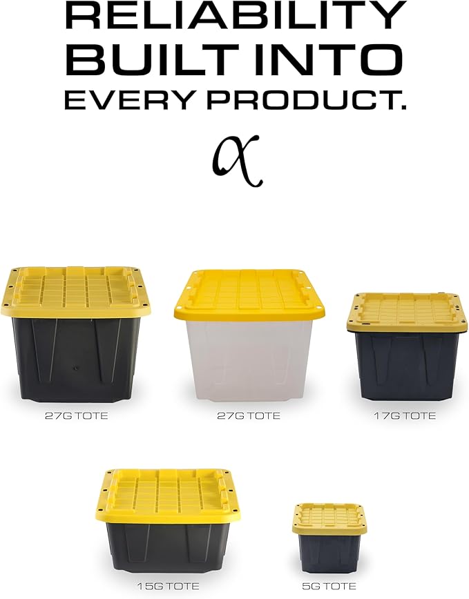 BLACK & YELLOW 17-Gallon Heavy Duty Storage Bins with Lids, Stackable Plastic Storage Bins with Weather-Resistant Design, Home Organization, 4 Pack (12.5H x 18W x 26.9D)