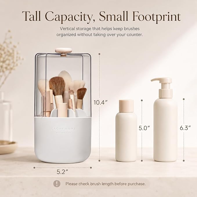 EACHY Makeup Brush Holder with Lid, 360° Rotating Vanity Organizer for Brushes, Dustproof Cosmetic Display Case, 7 Compartments, Waterproof Plastic (White)