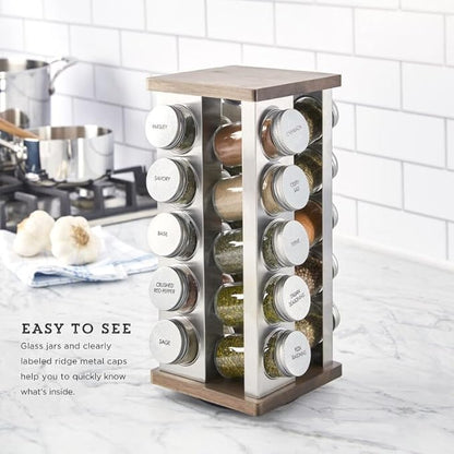 Kamenstein 20 Jar Vintage Revolving Countertop Spice Rack Organizer with Spices Included, FREE Spice Refills for 5 Years, Wood and Stainless Steel with Metal Caps