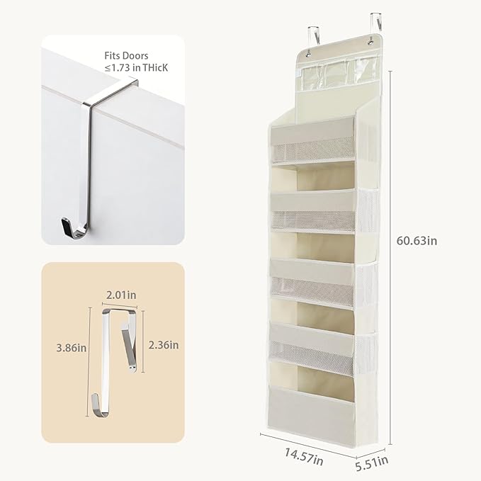 Over the Door Organizer, Door Storage Organizer with Large Capacity Pockets, Hanging Shelves for Bedroom, Closet, Dorm, Pantry (Beige, 6-Tier)