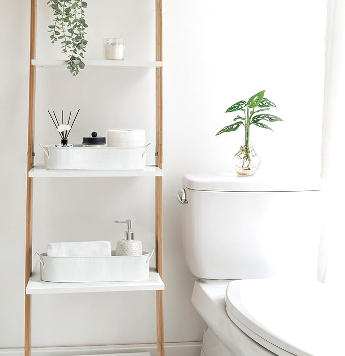 Mkono Metal Storage Basket for Toilet Tank Top Bathroom Decor, Galvanized Tray with Handle for Shelves, Farmhouse Toilet Paper Holder Organizing Bin Box for Countertop Living Room, Set of 2, White