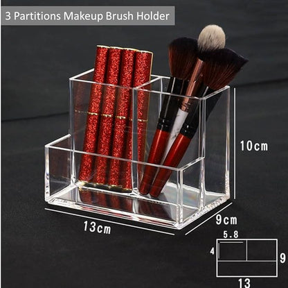 Acrylic Makeup Organizer Cosmetic Storage Makeup Display Case Makeup Brush Holder Lipstick Dispenser Canister Bathroom Container (5.1 x 3.5 x 3.9 in, 3 Partitions, Transparent)