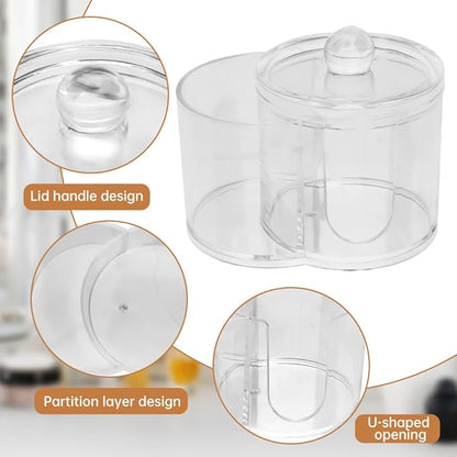 Q Tip Holder, 2-Grid Acrylic Cotton Swab & Cotton Pad Holder, 2 PCS Qtip Holder with Dustproof Lid for Bathroom,With 2 Pack of Qtips, Dressing Table Round Container