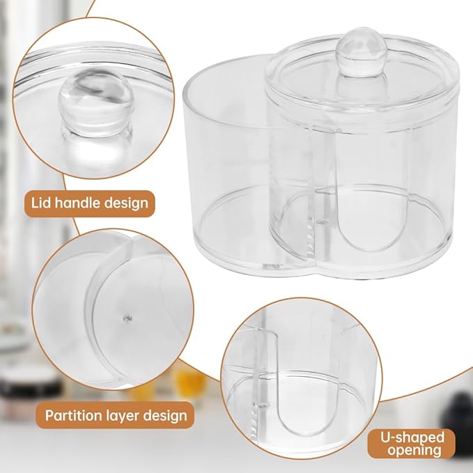 Qtip Dispenser Holder with Cotton Swab, Dual-Compartment Round Cotton Pads Dispenser Small Plastic Swabs Dispensers with Lid, Compact Countertop Storage Container