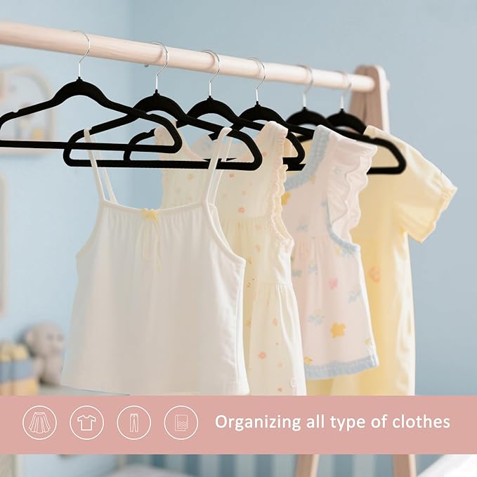 ManGotree 14 Inch Kids Velvet Hangers for Closet, Ultra-Thin Space Saving Children's Clothes Hangers, Non-Slip Felt Toddler Hanger for Youth's Clothes (32 Pack, Black)