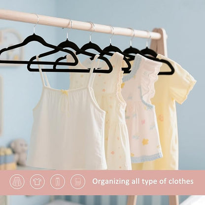 ManGotree 14 Inch Kids Velvet Hangers for Closet, Ultra-Thin Space Saving Children's Clothes Hangers, Non-Slip Felt Toddler Hanger for Youth's Clothes (32 Pack, Black)