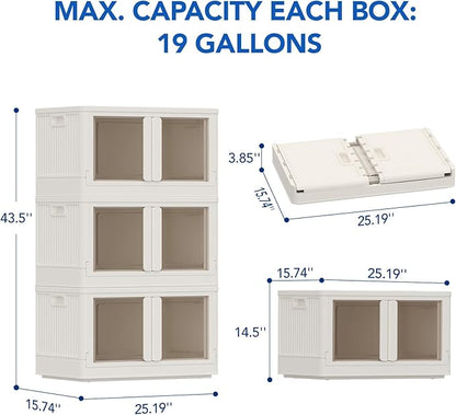FLEXIMOUNTS 228 QT Stackable Storage Bins With Lids, Collapsible Plastic Storage Bins With Doors and Built-in Wheels For Home Dorm Closet Organizers and Storage, 3 Pack Cubes, Milky White